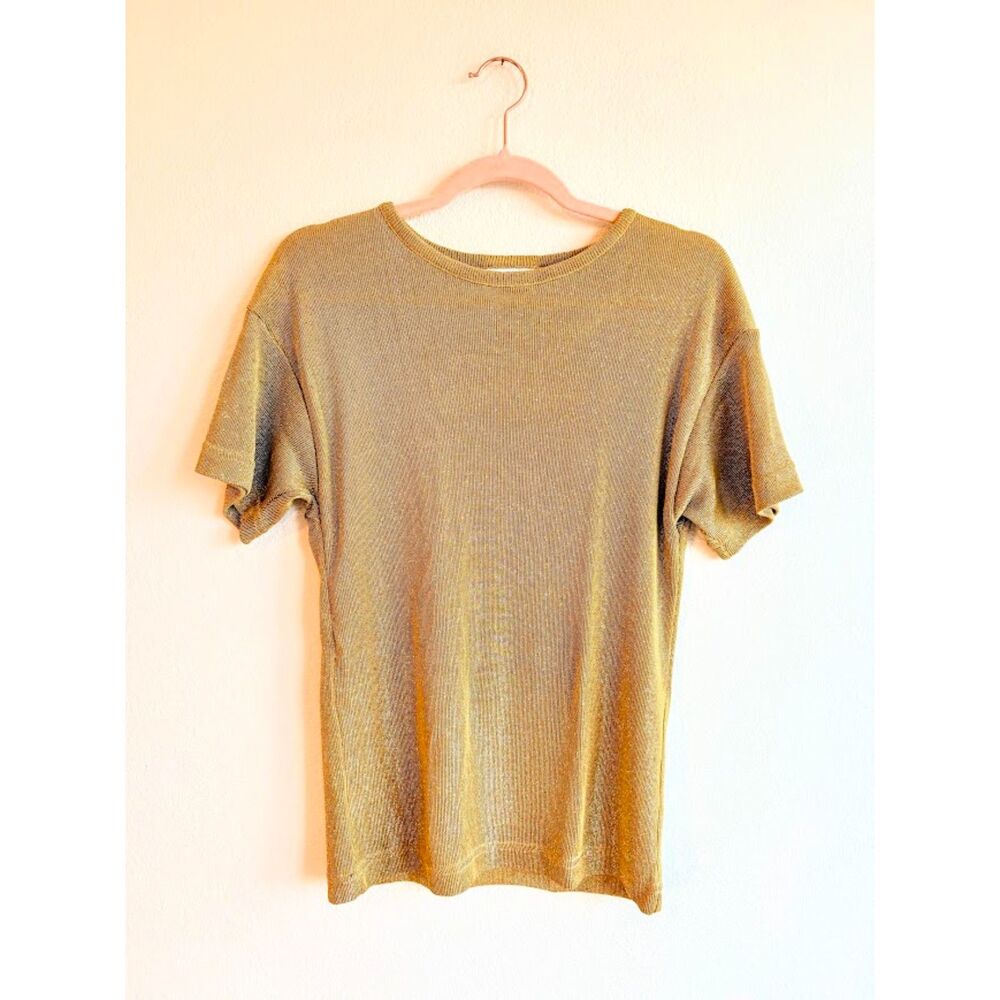 Vintage 90s Jordana Gold Lurex Short Sleeve Knit Tee Shirt Top Made in USA XS